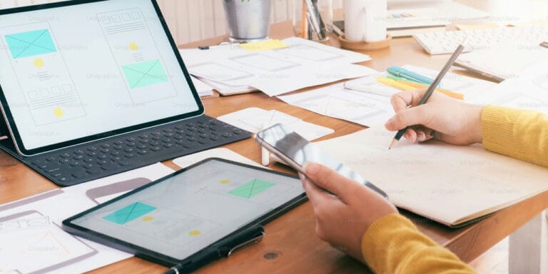 Person holding a pencil, designing a website.