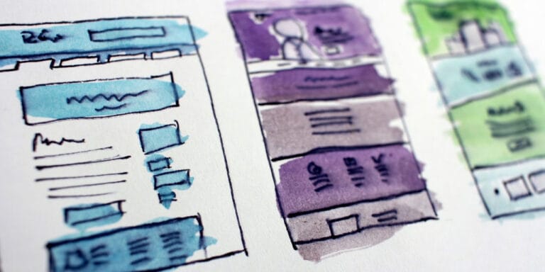 Multi-coloured website designs, hand drawn.