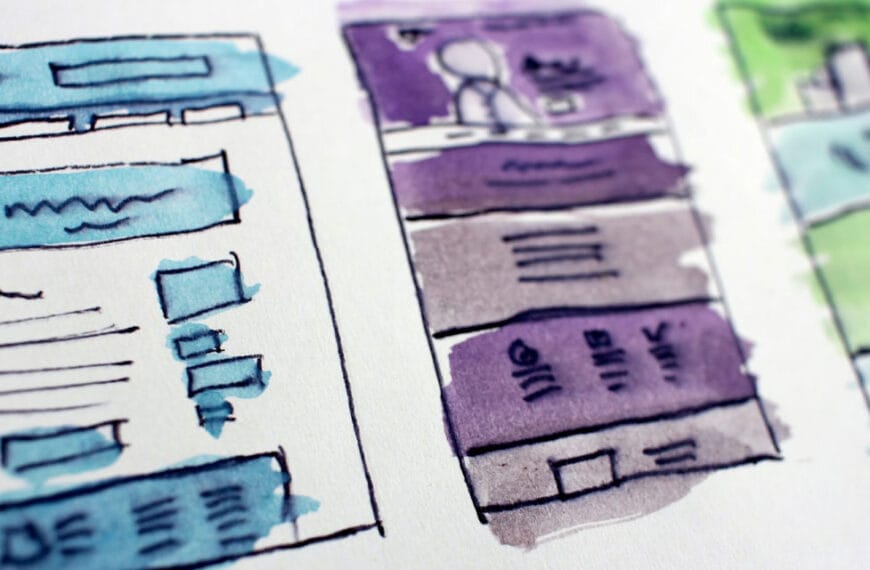 Multi-coloured website designs, hand drawn.