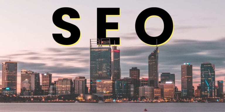A picture of Perth city, Western Australia, with the words SEO superimposed behind in the skyline.