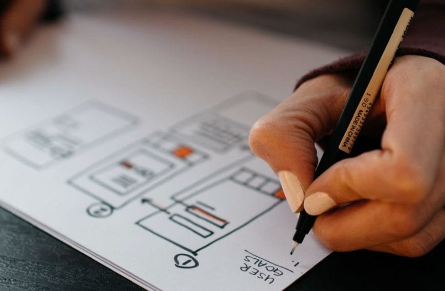 A picture of a hand holding a pen, drawing web design blocks