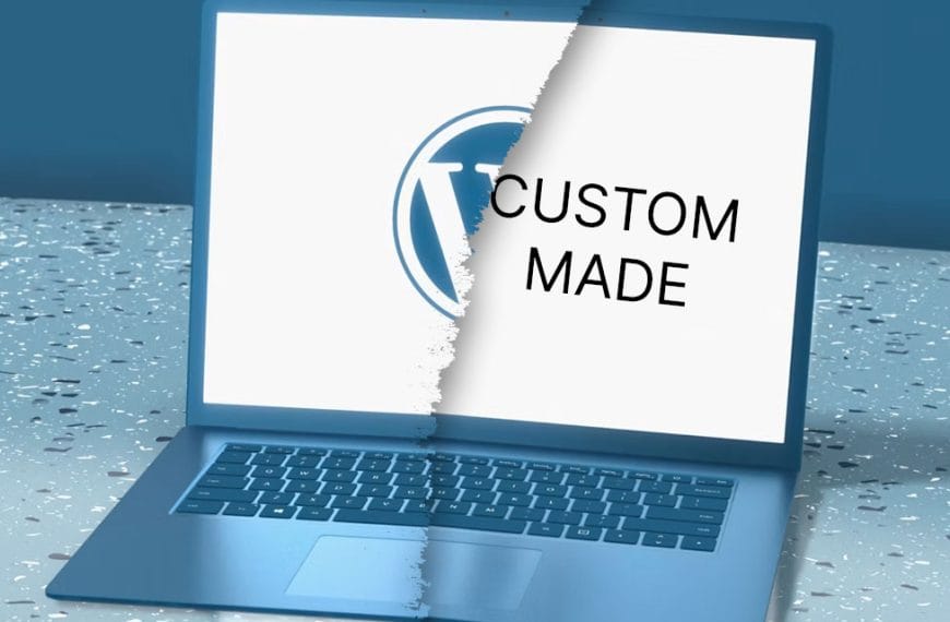 An image of a laptop with a teared paper effect through the middle, one side showing the WordPress logo on the screen, the other side showing the words "Custom Made"